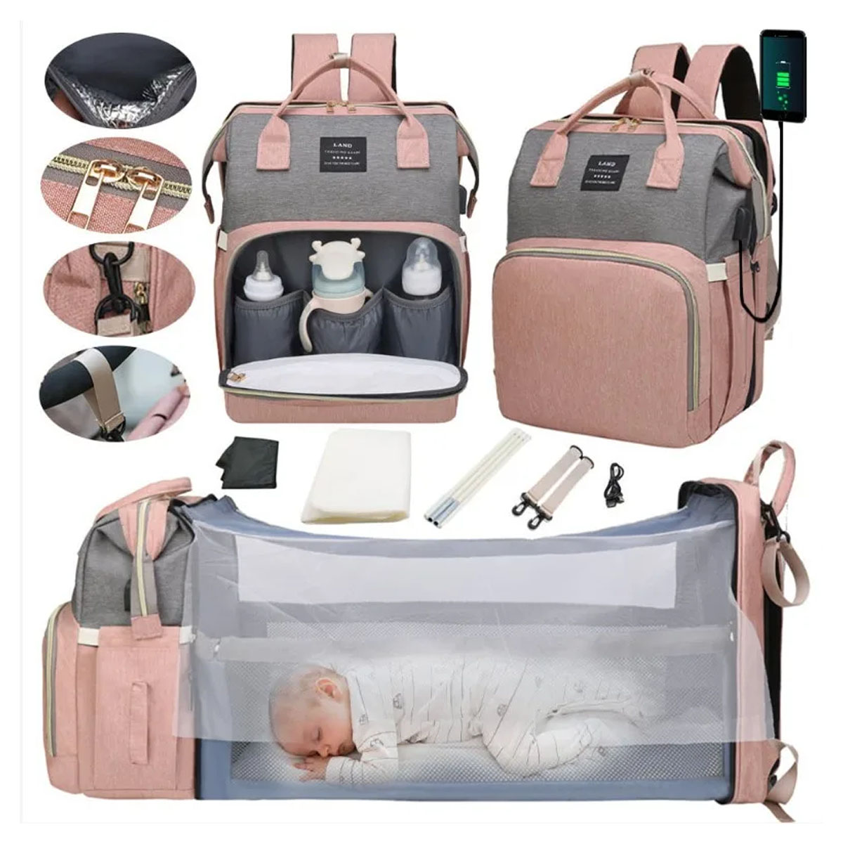 Pañalera Bolso y Cuna multifuncional USB
